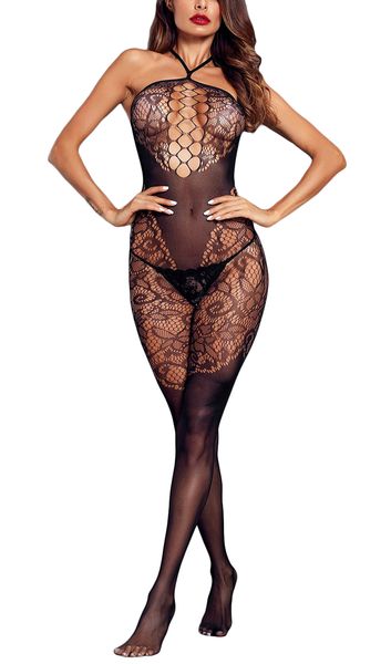 

women costumes seamless halter bodystocking sheer lace open crotch backless fishnet lingerie set underwear one piece exotic apparel, Black