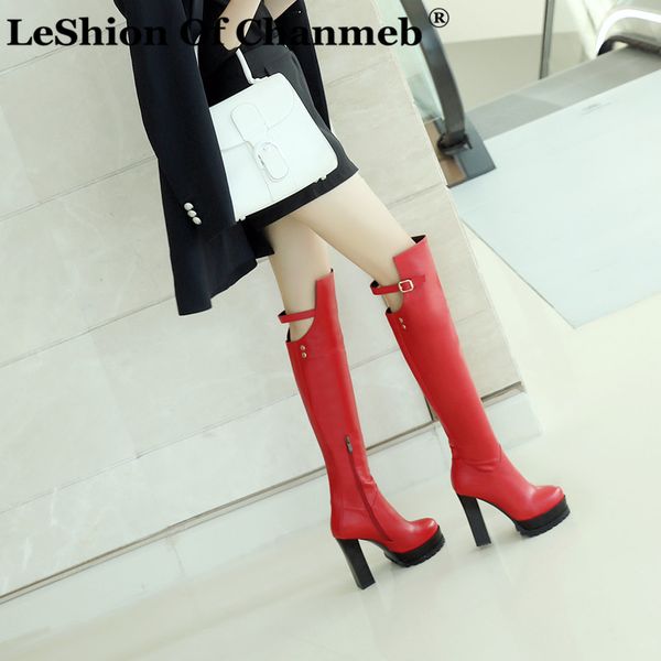 

square high heels over the knee boots women buckle strap long motorcycle boots black red platformed shoes for party ladies