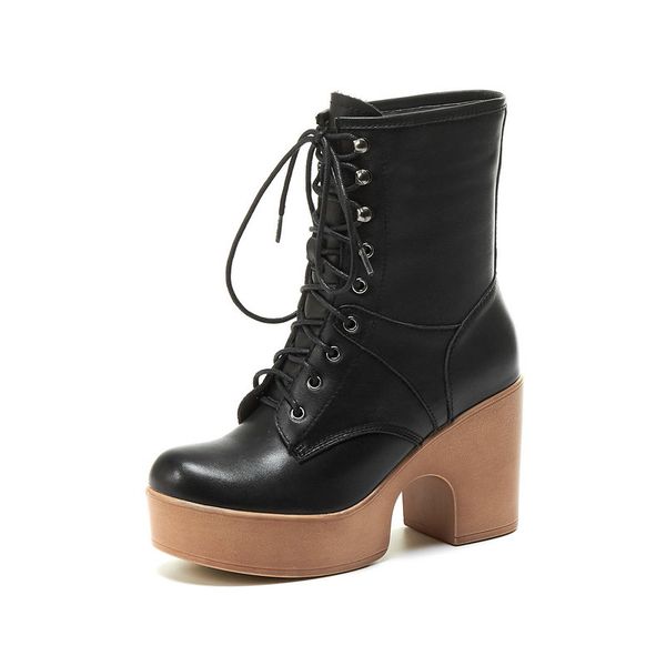 

boots band design platform handmade shoes for women 2021 autumn winter high heels pumps retro quality night club woman, Black