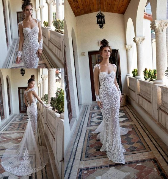 

Berta 2020 Lace Backless Wedding Dresses Mermaid Sweetheart Long Sleeves Lace Appliqued Pearls Sweep Train Wedding Bridal Gown Custom Made