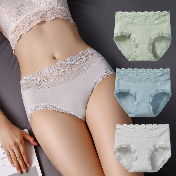 

mid waist cotton panties breathable size xxl elastic soft briefs lace women's underwear high quality, Black;pink