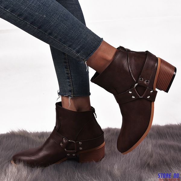 

buckle strap novelty mid calf boots for women rome retro autumn boots low square heel winter ladies shoes rubber pu, Black