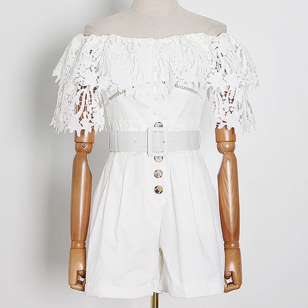 

seebeautiful simple slash neck embroidery hollow out short sleeve high waist jumpsuits woman summer 2020 new fashion l881, Black;white