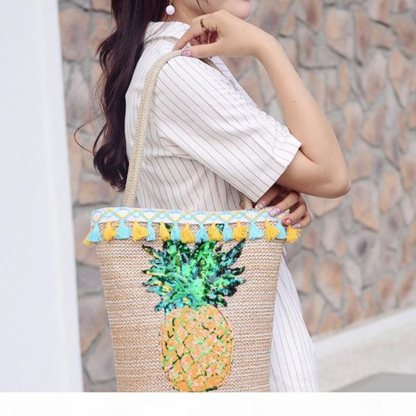 

designer- pineapple print bohemian bag beach water bucket straw bag handmade pineapple pattern rattan-made single-shoulder bags