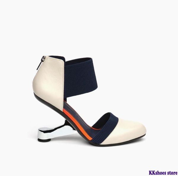 

new genuine leathe strange style heels women shoes two-piece round toe shoes metal high woman pumps mixed color, Black