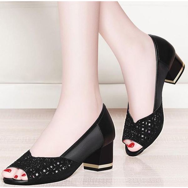 

dropshipping breathabale slip on female low heels hollow shoes summer ladies pu fashion sandals women's peep toe mesh pumps, Black