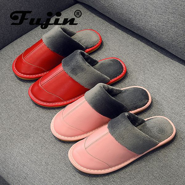 

fujin women's sheepskin cotton slippers home men home indoor non-slip warm comfortable cotton slippers winter leather stitching, Black