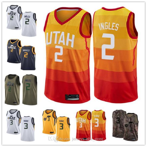 

2020 Custom Men's Utah Jazz 2 Joe Ingles 3 Ricky Rubio camo blue white Throwback Basketball Edition nba Jersey