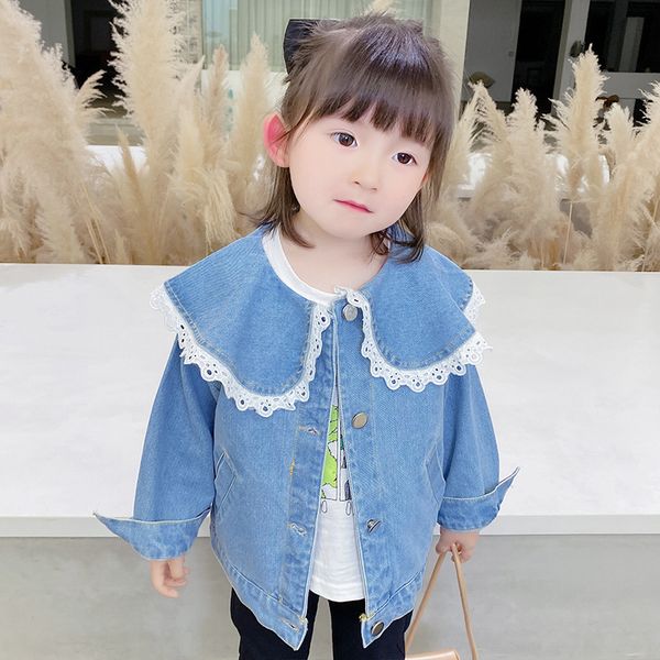 

small children's denim coat toddler girl long sleeve lace lapel cardigan jackets sweet loose cowboy outerwear kids casual coats, Blue;gray