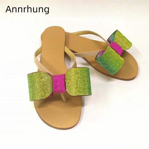 

iridescent rhinestone butterfly-knot slippers women flat flip flops sandy beach shoes summer slides crystal shoes woman, Black