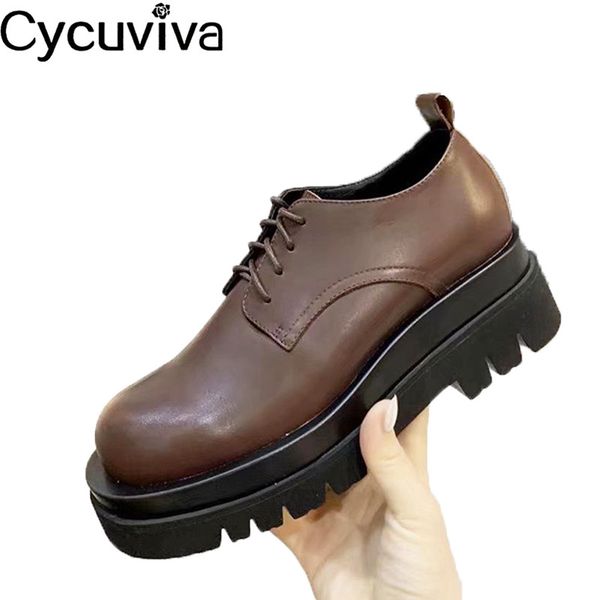 

britain style thick bottom flat shoes woman brown black white genuine leather lace up flat shoes woman runway casual