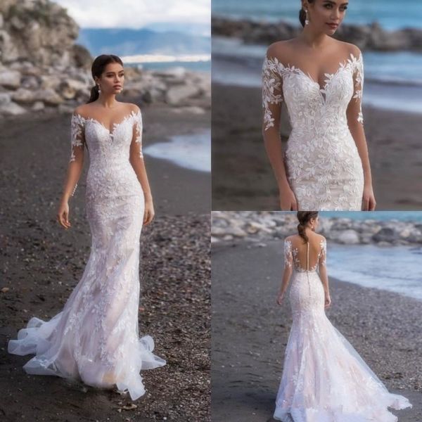 

Naviblue 2019 Full Lace Long Sleeves Mermaid Wedding Dresses Appliqued Bridal Gowns Custom Sweep Train Beach Wedding Dress vestido de novia
