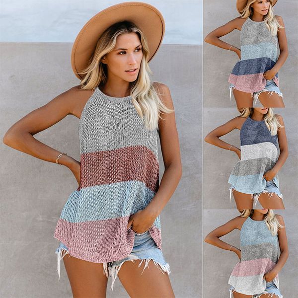 

women's tanks & camis knitted mix-color 2021 spring summer casual o-neck striped hanging neck sleeveless loose beach ladies vests, White