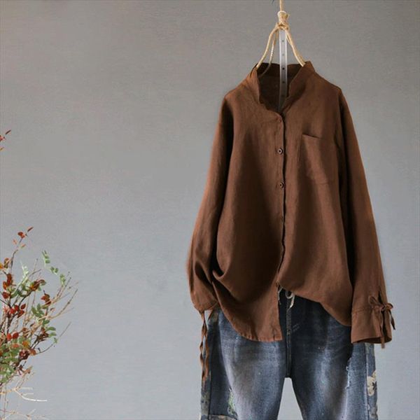 

women cotton linen blouse spring stand collar long sleeve buttons shirt casual bow tie femme tunic blusas s 5xl, White