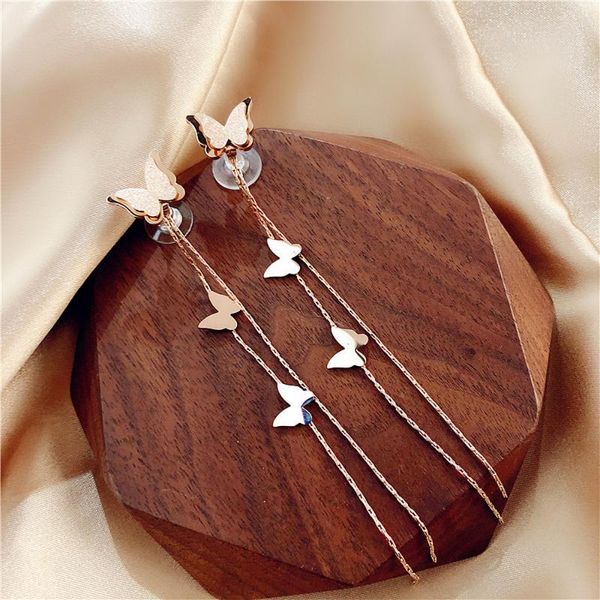 

korea style sweet cute long butterfly tassel titanium steel drop earrings for women girl fashion jewelry accessories, Silver