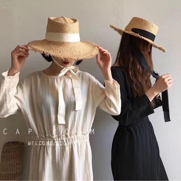 

202004-tu-shi handmade raffia grass summer holiday big wind brim long ribbon lady sun cap women leisure hat, Blue;gray