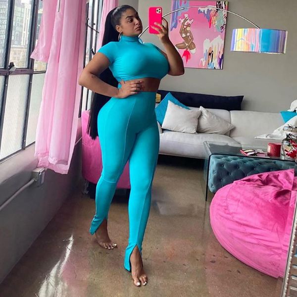 

women yoga outfit high collar short sleeve crop high waist split pants 2 piece set women fitness solid workout clothes, White;red