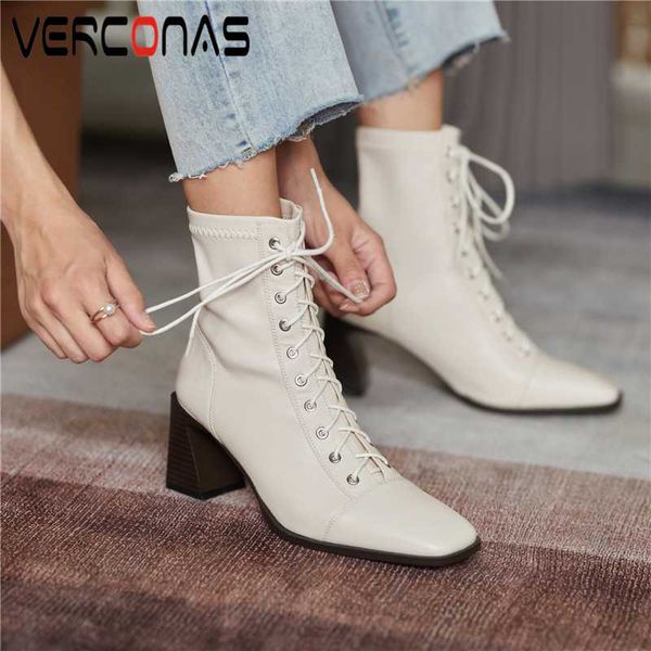 

boots verconas concise women ankle genuine leather 2021 autumn winter narrow band shoes woman casual thick heels basic, Black