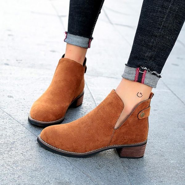 

ankle women's booties fashion winter low heels med flock punk pointed toe belt split boots bota feminina slip on ankle shoes, Black