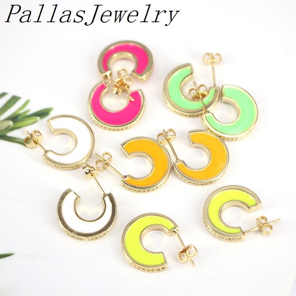 

5pairs, enamel stud earrings neon green yellow bright fluorescent jewelry geometric round cz gold color55, Golden;silver