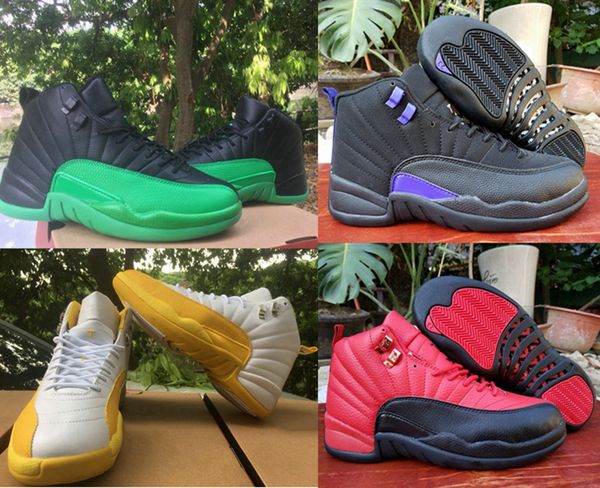 

mens jumpman 12 12s reverse flu game red black melo yellow white dark concord purple green basketball shoes sport trainers sneakers size 13, White;red