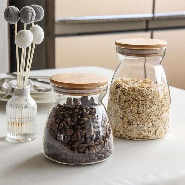 

kitchen grain storage tank sealed can transparent glass coffee beans storage jar can with bamboo lid