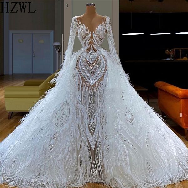 Puffy Abendkleider mit weißen Federn für die Hochzeit, arabische Robe De Soiree Couture, Aibye-Hochzeitskleid, Kaftane, Festzugskleider, Dubai185z