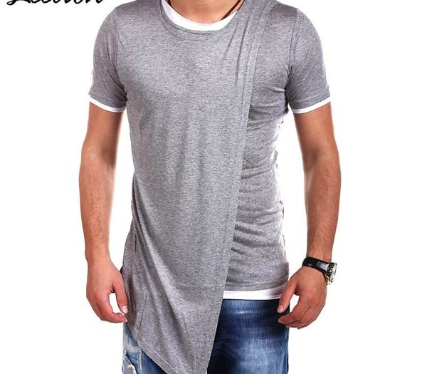 

leelion 2020 summer fake two t shirt men irregular hem short sleeve t-shirt fashion solid slim hip hop streetwear man's tshirt cx200616, White;black