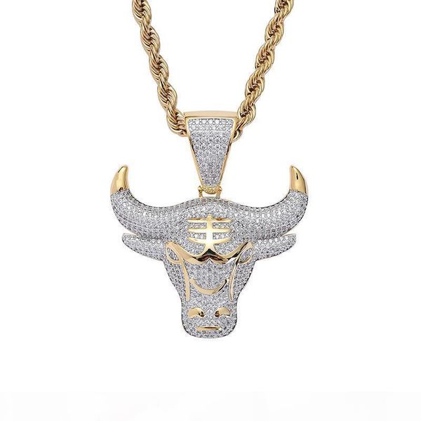 

men's hiphop cow head pendant & necklace gold plated paved cubic zirconia charm with chain punk rapper jewelry gift, Silver