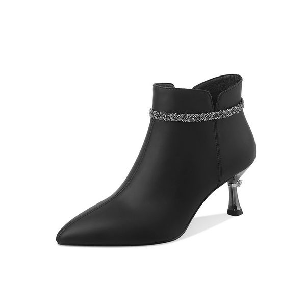 

fashion women ankle boots autumn winter warm high heels shoes woman genuine leather pointed toe elegant office, Black