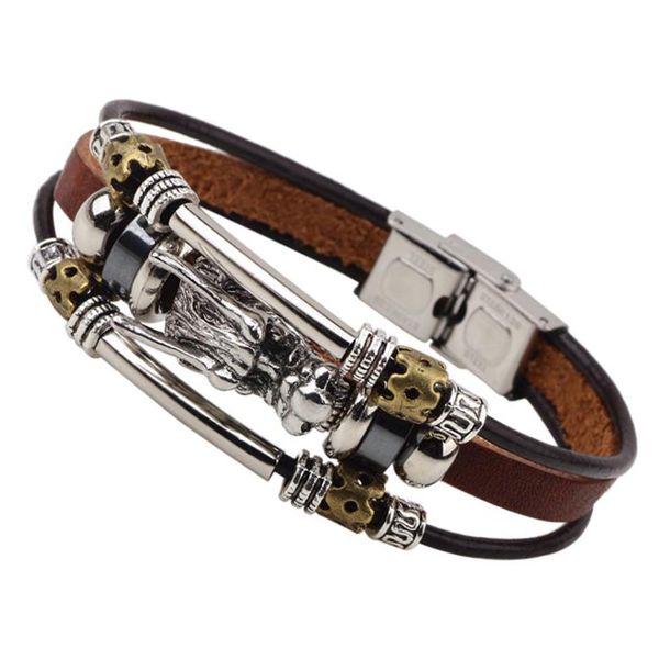 

2020 stainless steel clasp silver color zinc alloy dragon charm genuine leather bracelet for men punk jewelry 2 colors c011, Red;blue