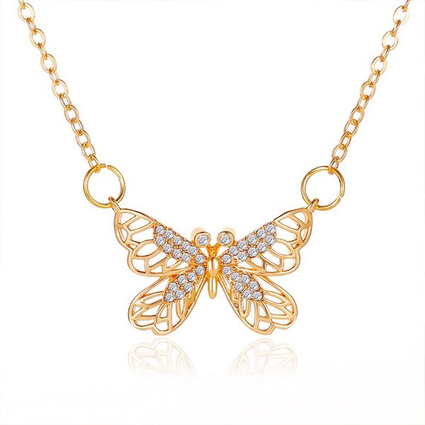 

hollow out gold color butterfly pendant necklace charming women's wedding crystal clavicle chain fashion ladies party jewelry, Silver