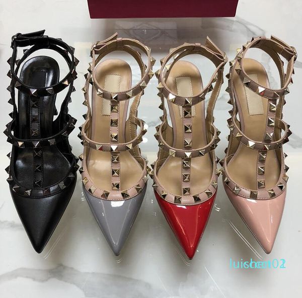 

designer pointed with studs high heels 8cm 10cm patent leather rivets sandals women studded strappy dress party office wedding shoe ct01, Black