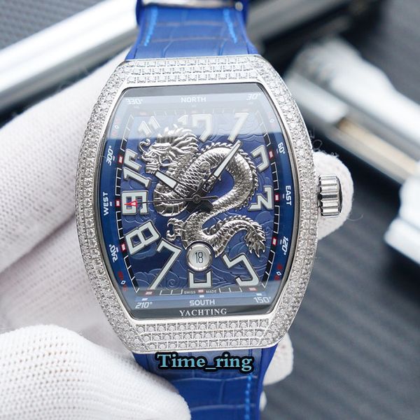 

edition v45 sc dt dragon king date dial silver diamond case automatic mechanical movement mens watch blue leather strap luxry watches, Slivery;brown