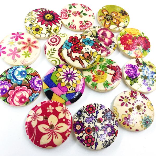 

50pcs round wooden buttons craft scrapbook sewing flower print vintage buttons