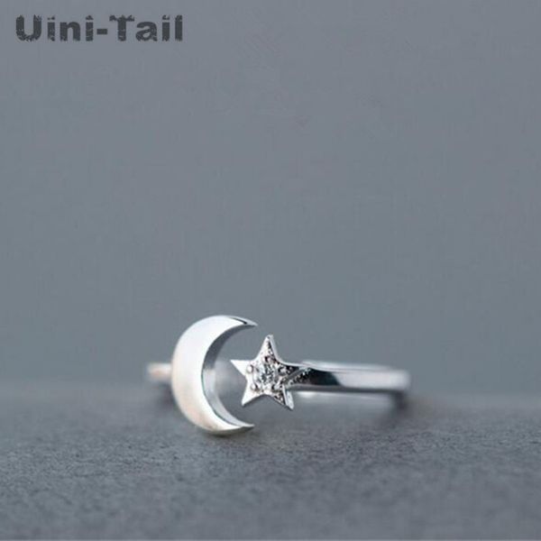 

925 sterling silver korean version of the simple fashion jewelry star and moon micro-inlaid female opening ring, Golden;silver