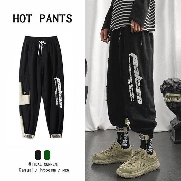

2020 korean casual pants men autumn fashion cropped pants hip hop sweatpants streetwear kpop joggers sports couple clothes, Black