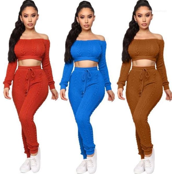 

shoulder long sleeve sweater sets new women pants suits autumn women 2 piece set casual solid color off, White