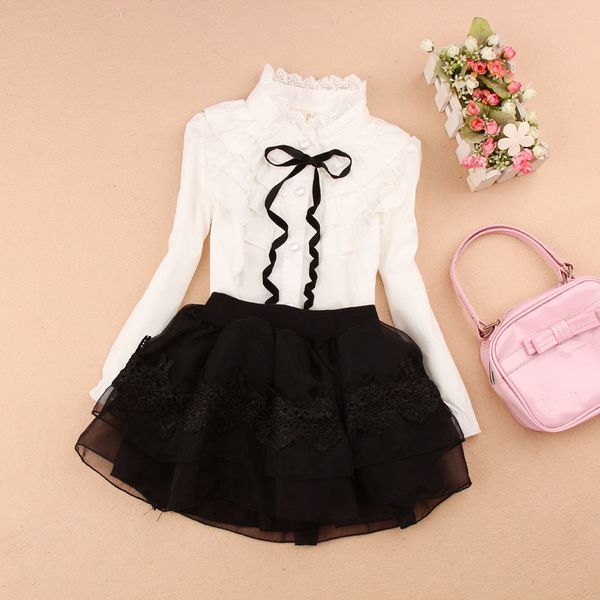 

spring fall cotton ruffles blouses for children teenage school girls bow white shirts toddler long sleeve baby clothes lj200819, White;black