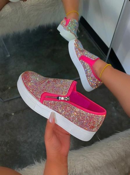 

adisputient women bling flats sequins crystal studded slip on lazy ladies loafer flat round toe rhinestone shoes 2020 new, Black