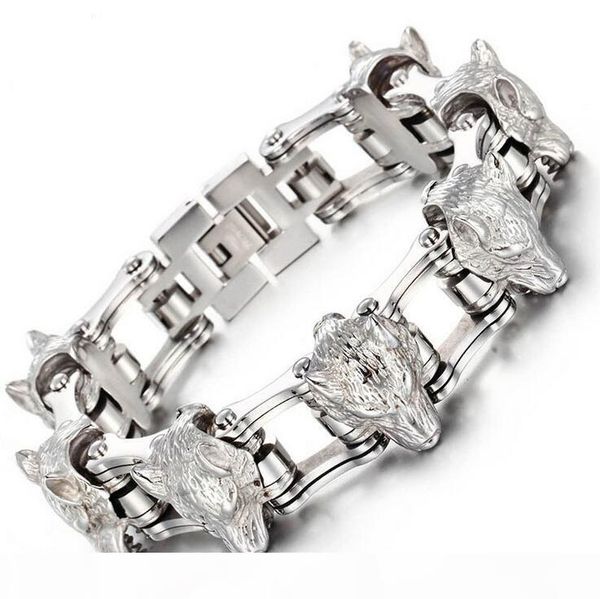 

cool punk rock wolf lion head heavy stainless steel men bracelet fashion bicycle biker chain jewelry jewellery gifts, Golden;silver