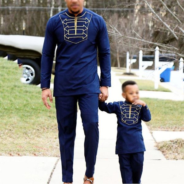 

h&d men kid boy african clothes long sleeve t shirt pants suit for male father son dashiki embroidery clothing party wears 2020, Red