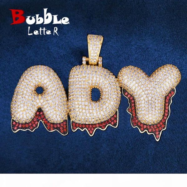 

custom name red drip bubble letters pendants necklaces men's zircon hip hop jewelry with 4mm gold silver tennis chain for gift