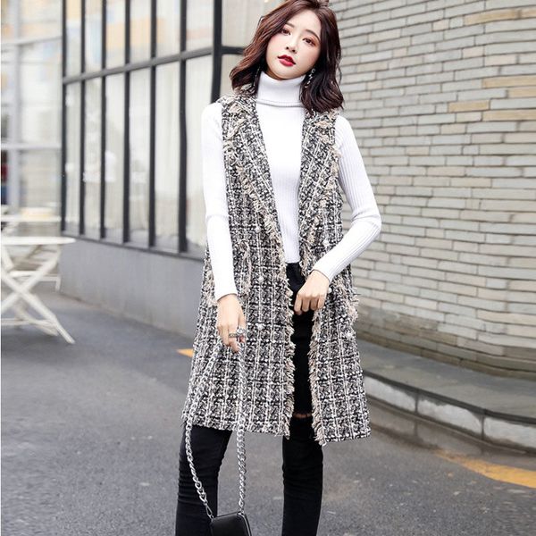 

2020 new spring women casual plaid tassel vest fashion woolen pocket vest sleeveless jacket elegant waistcoat plus size 5xl a232, Black;white
