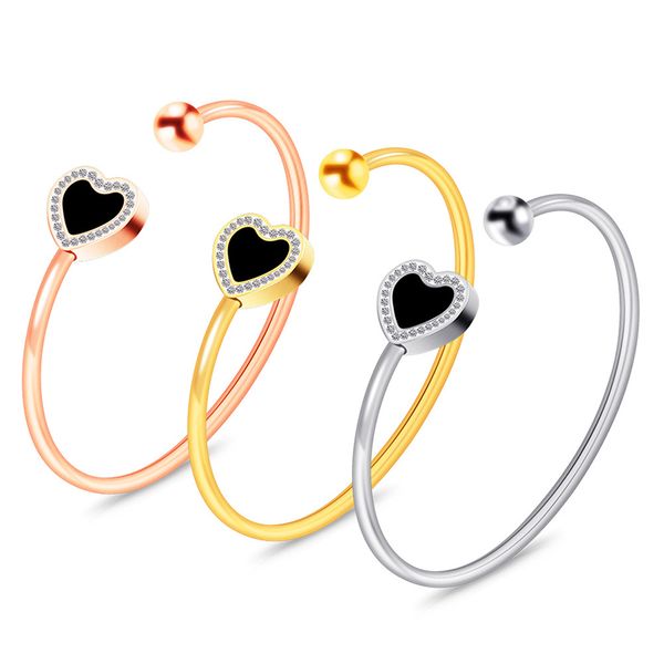 

women's heart bangle jewelry female stainless steel cable wire bracelet bangle silver color gold rose gold, Black