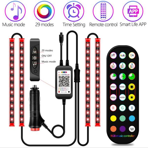 

led strips, car strip interior lights app and remote control, waterproof 4pcs 72 leds cars underdash lighting kit, color changing with music