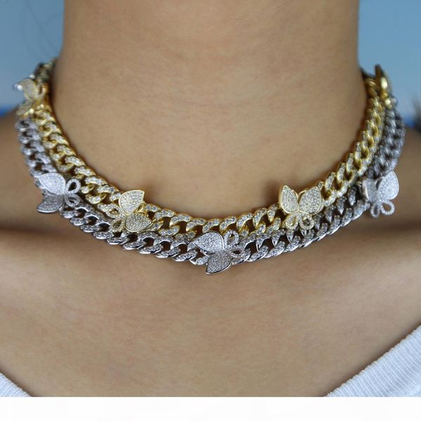 

iced out bling cz miami cuban link chain butterfly charm choker necklace hip hop women jewelry, Silver