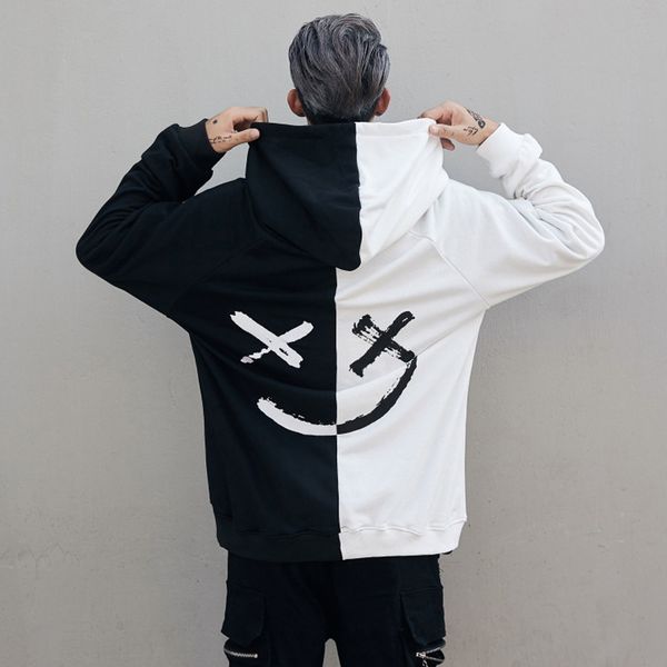 

mens hoodie smile print headwear hoodie pullovers hip pop streetwear male casual loose style patchwork hoodies 2020, Black