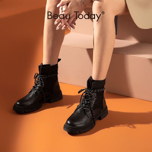 

beautoday ankle boots women genuine cow leather combat bootie patchwork lace-up lady fashion autumn winter shoes handmade 04406, Black