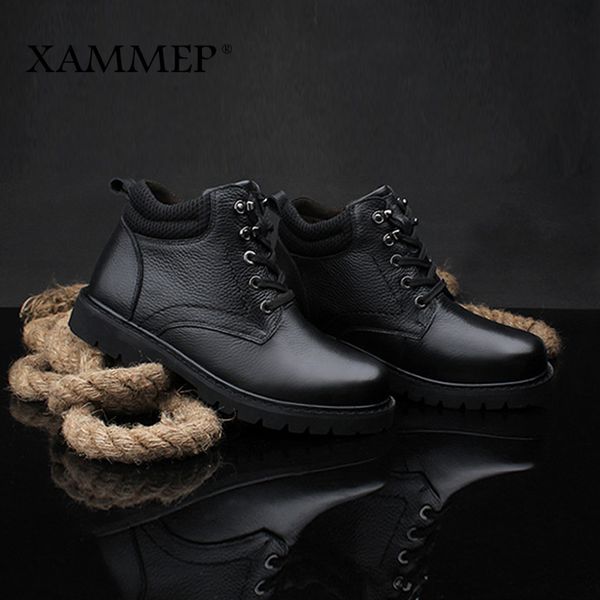

genuine leather men shoes brand casual shoes winter boots for men winter warm plush plus big size xammep, Black
